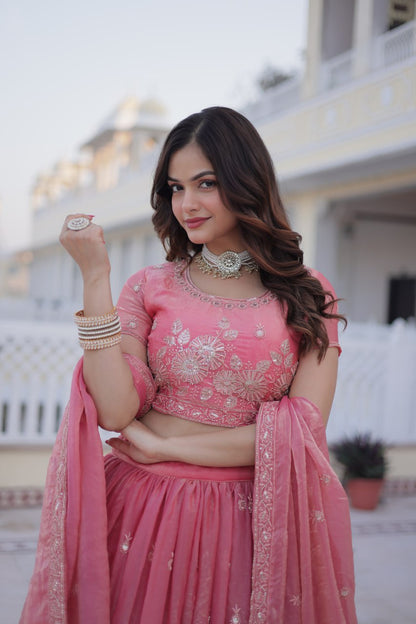 Elegant Lehenga Choli Set with Heavy Sequins and Zari Thread Embroidery in Fendi Silk