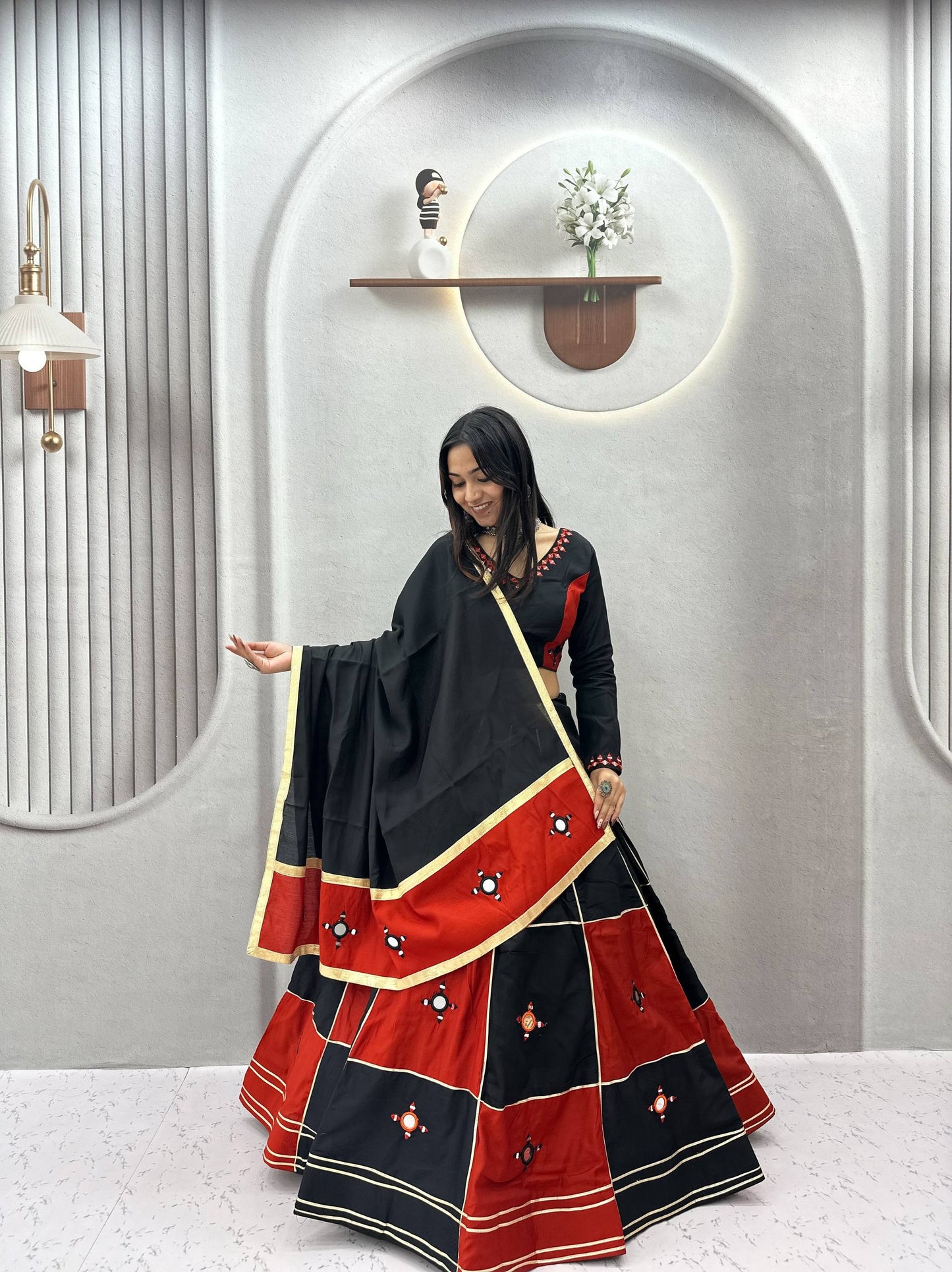 RangBhoomi Navratri Special Pure Cotton Lehenga Choli with Heavy Mirror & Gotapatti Work (Full-Stitched, 6m Flair)