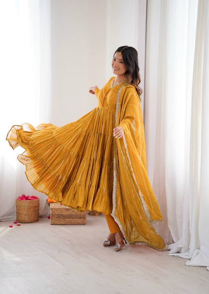 RangBhoomi Women’s Ethnic Ruffle Gown with Mirror Work and Matching Dupatta
