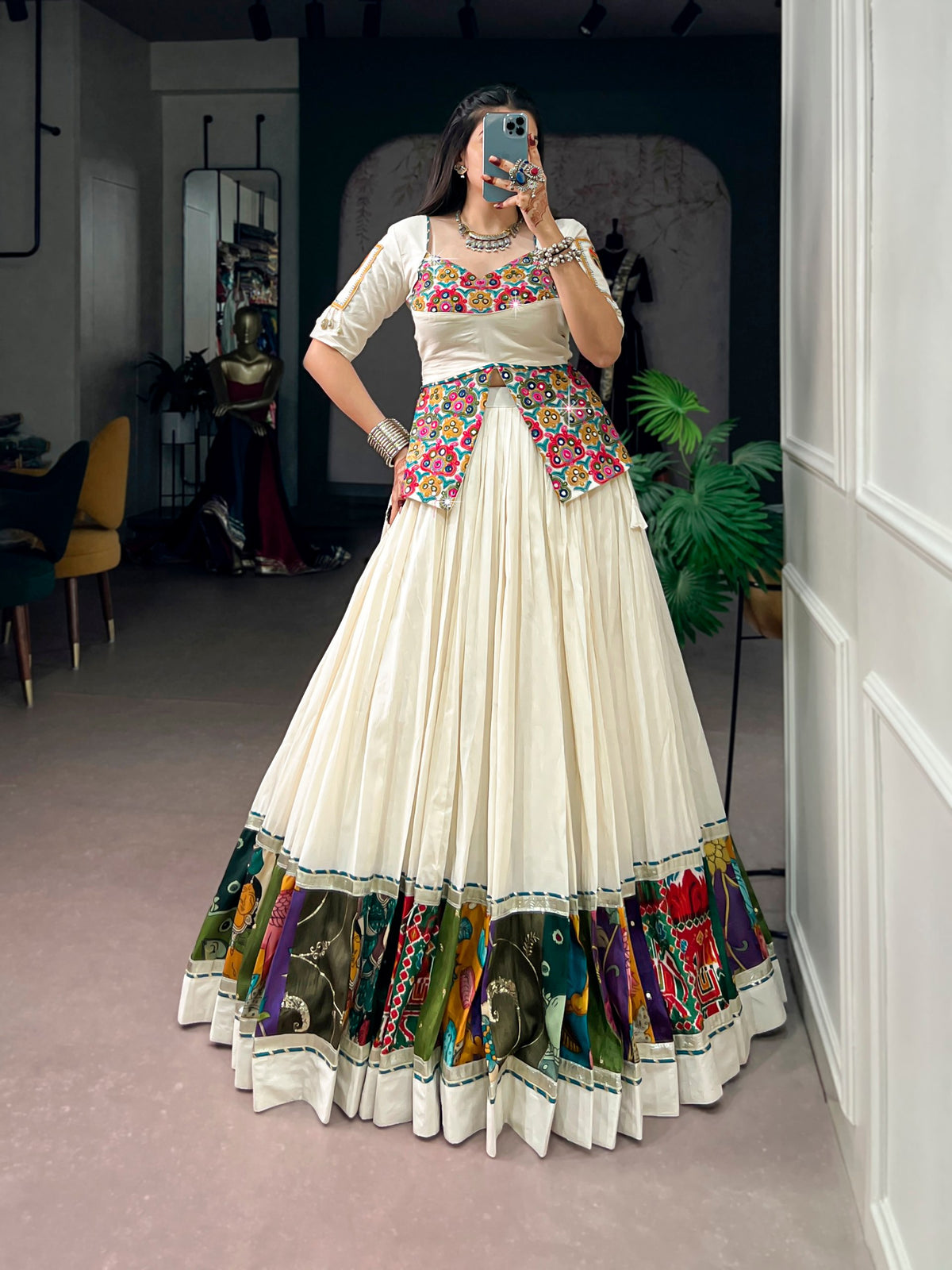 RangBhoomi Khadi Cotton Navratri Lehenga with Multicolor Panel Borders and Gamthi Blouse