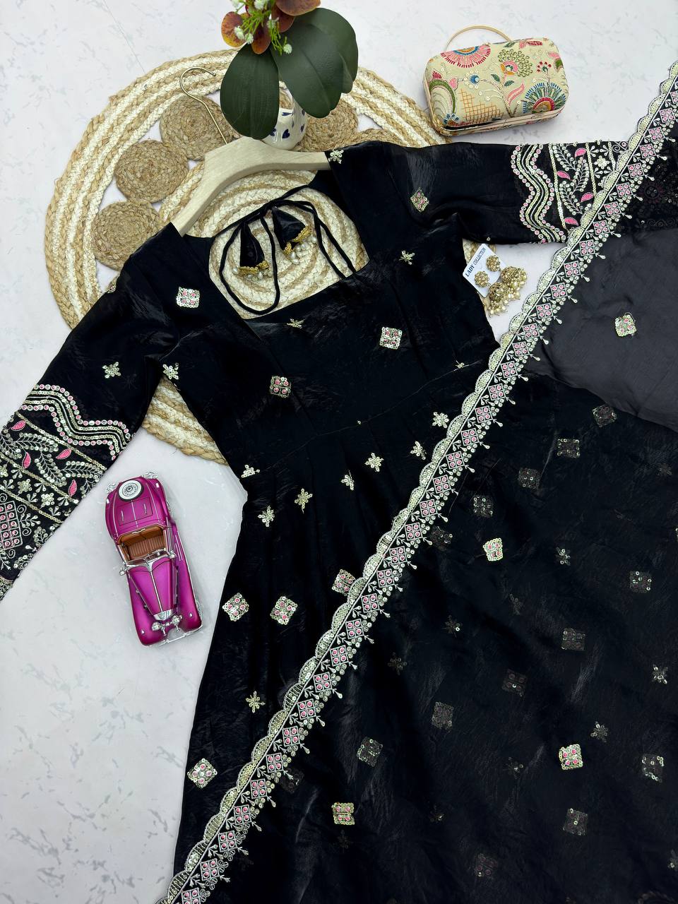 RangBhoomi Designer Party Wear Two-Tone Fandy Silk Embroidered Gown with Dupatta & Plazo