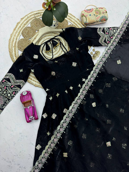 RangBhoomi Designer Party Wear Two-Tone Fandy Silk Embroidered Gown with Dupatta & Plazo