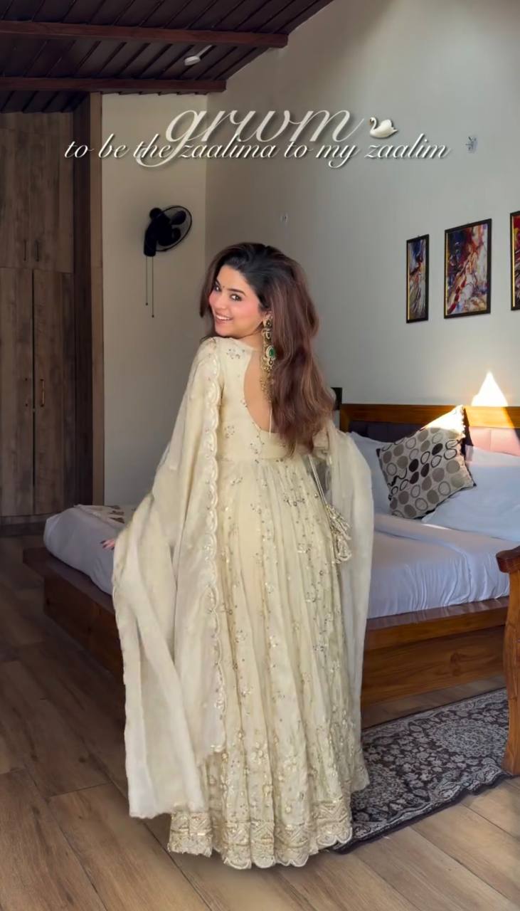 Embroidery Detailed Fully Stitched Ready-to-Wear Gown and Dupatta Set in Crunchy Silk