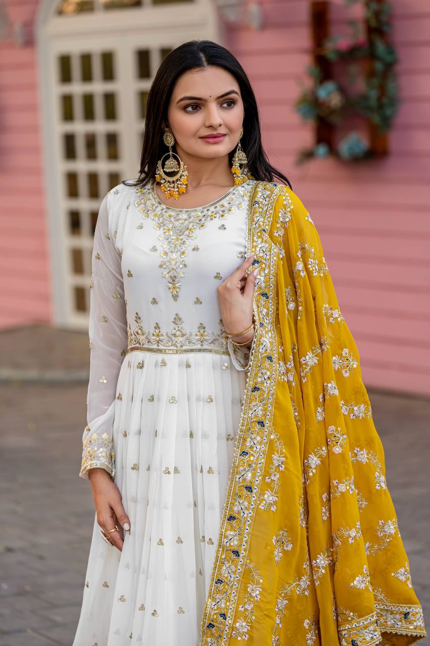 Elegant Party Wear Heavy Faux Georgette Gown with Embroidered Dupatta and Bottom Set
