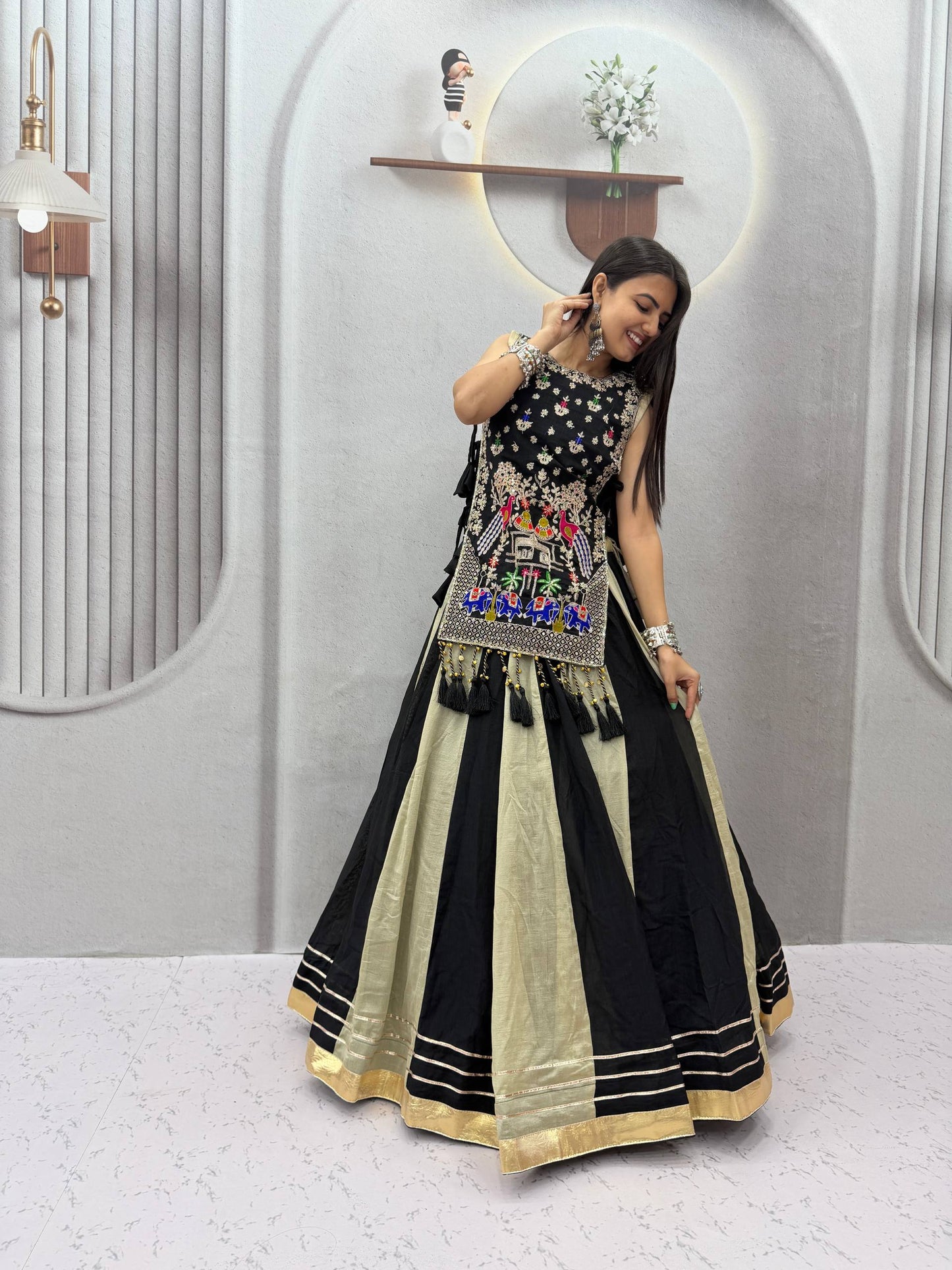 RangBhoomi Navratri Special Vichitra Silk Lengha Choli – Fully Stitched with Heavy Thread & Sequence Work