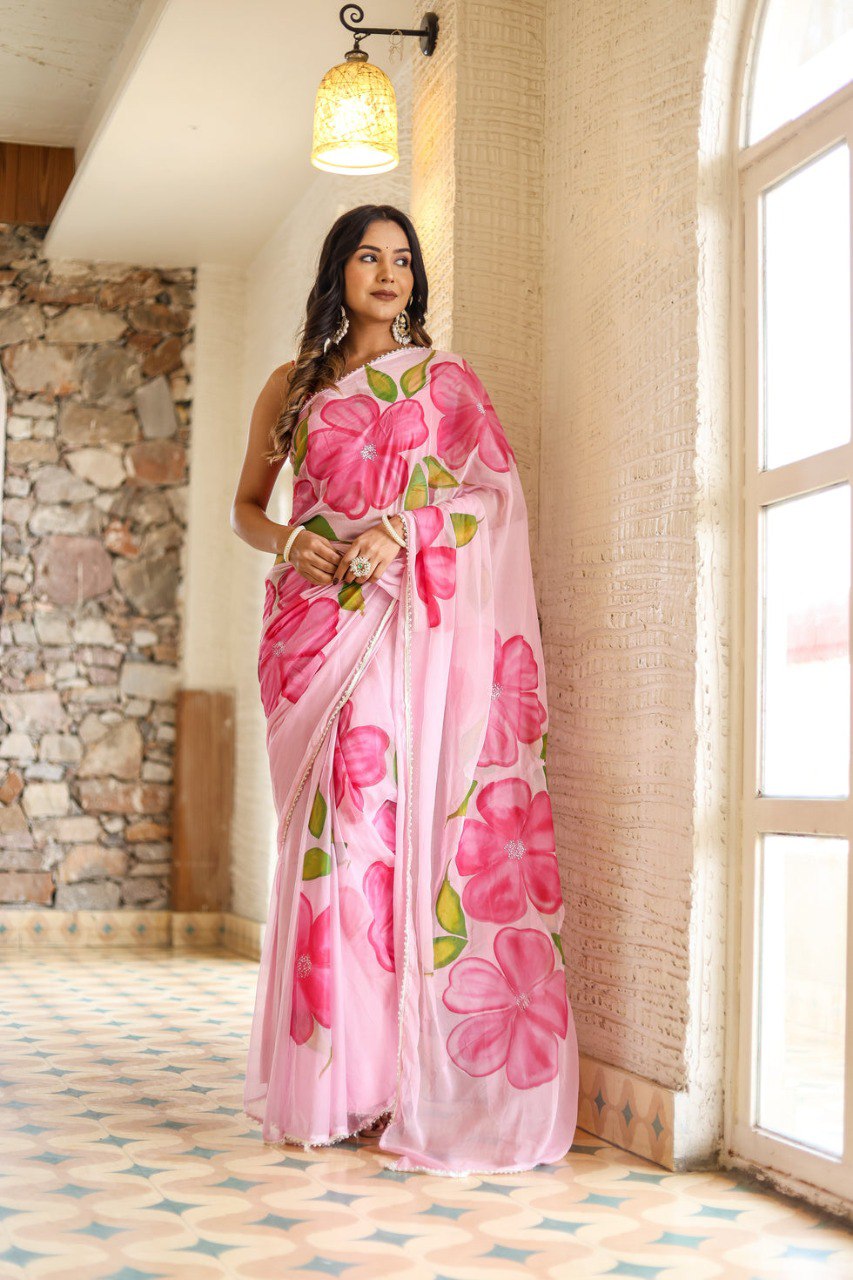 Ready To Wear Pink Floral Saree - Georgette Fabric