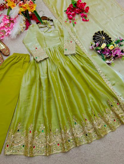 RangBhoomi ZMY Silk Gown, Pants & Dupatta Set - Embroidered Ready-to-Wear Ensemble
