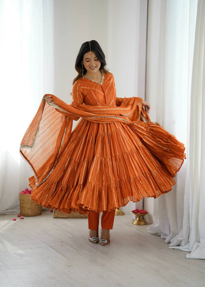 RangBhoomi Women’s Ethnic Ruffle Gown with Mirror Work and Matching Dupatta