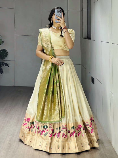 Exquisite Paithani Silk Lehenga with Vibrant Colorful Motifs, Iconic Gold Zari Border, and Signature Satin Silk Dupatta