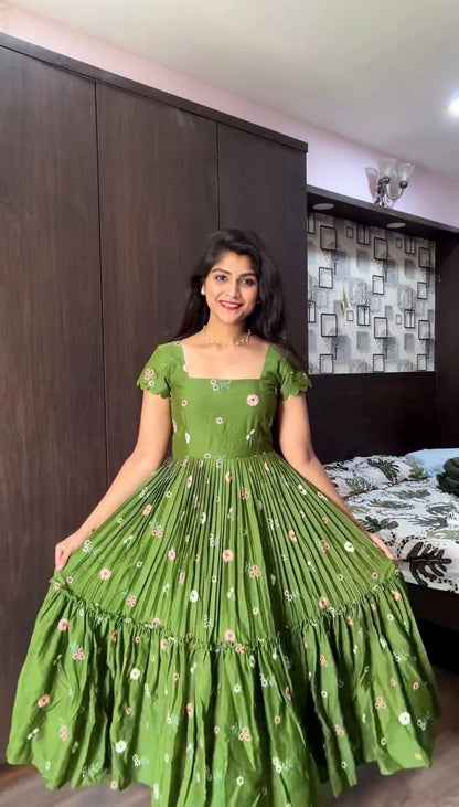 Exclusive Summer Mull Chanderi Gown with Floral Embroidered Thread Work – Elegance and Comfort Perfectly Combined