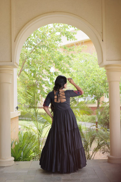 RangBhoomi Navratri Embroidered Kora Cotton Gown — 54" Festive Flair