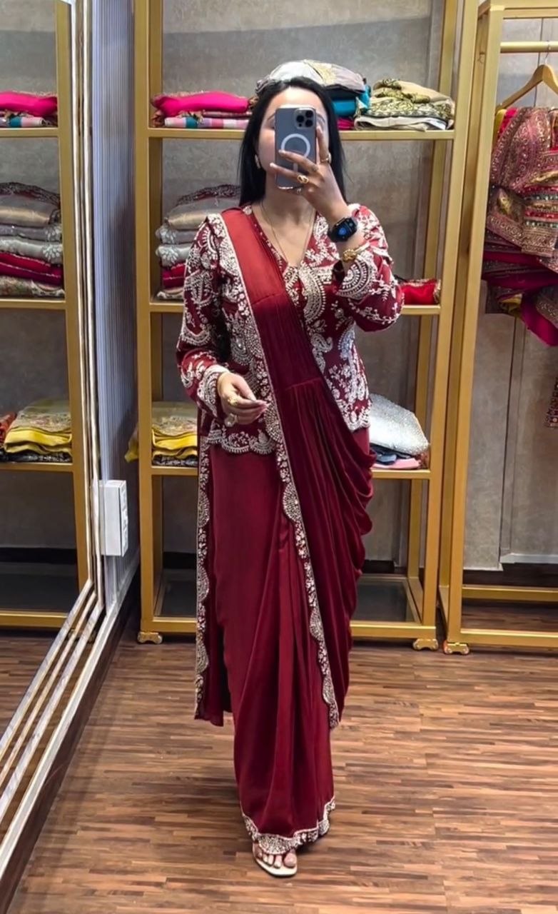 Elegant Ready-to-Wear Saree with Full Embroidered Sequined Jacket in Luxurious Heavy Chinon Fabric
