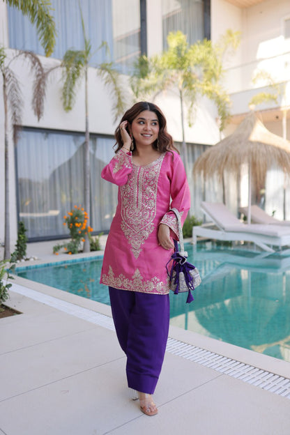 Ready-to-Wear Elegant Top with Matching Pants and Decorative Batwa Bag