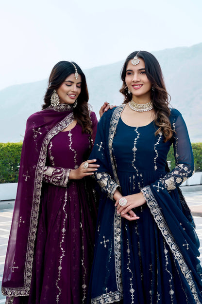 RangBhoomi Festival Long Gown with Matching Dupatta – Elegant Fox Georgette Ensemble with Heavy Sequin Embroidery