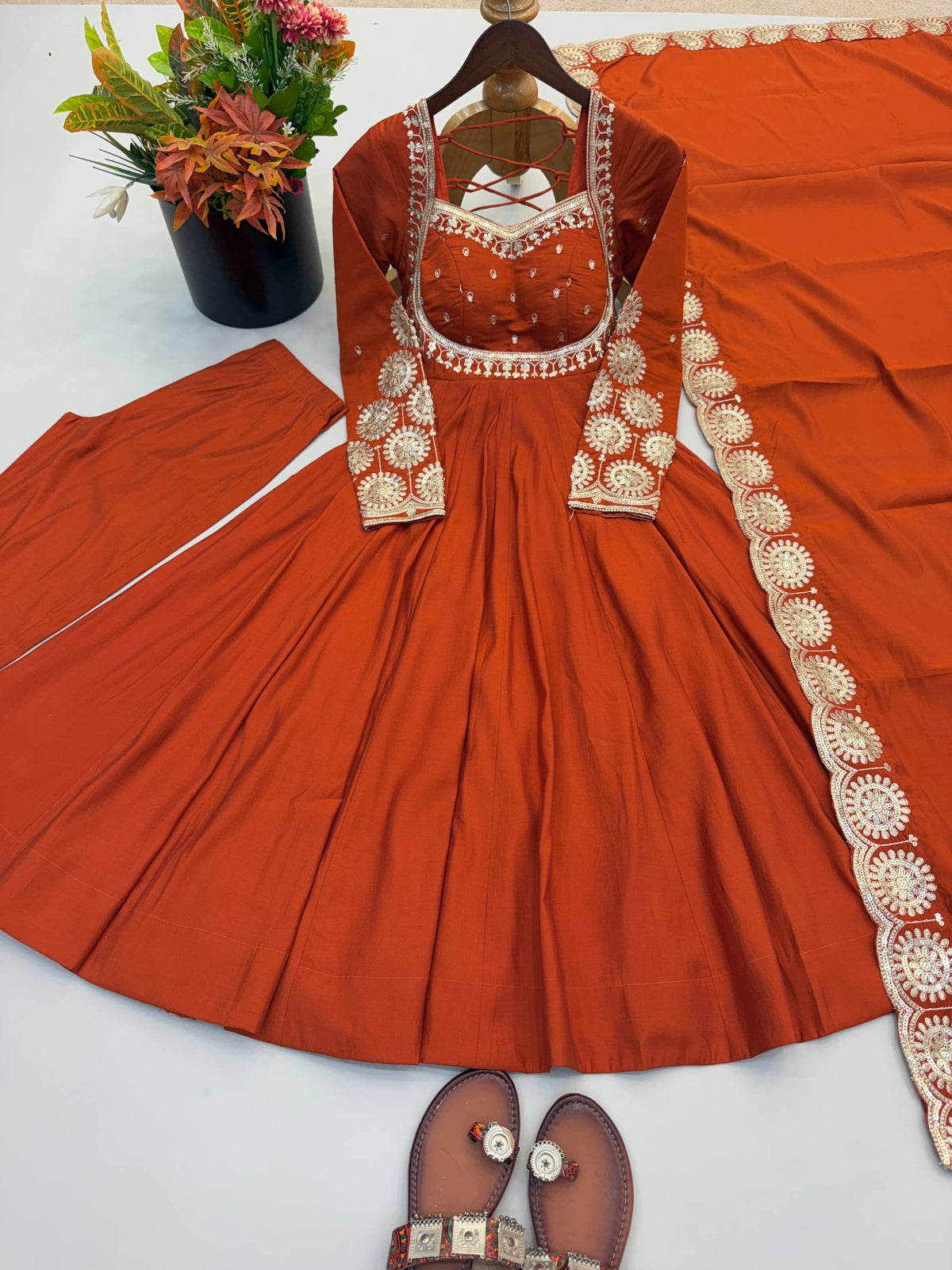 RangBhoomi Designer Anarkali Gown Set with Chanderi Dupatta - Roman Silk, Embroidered Sequins