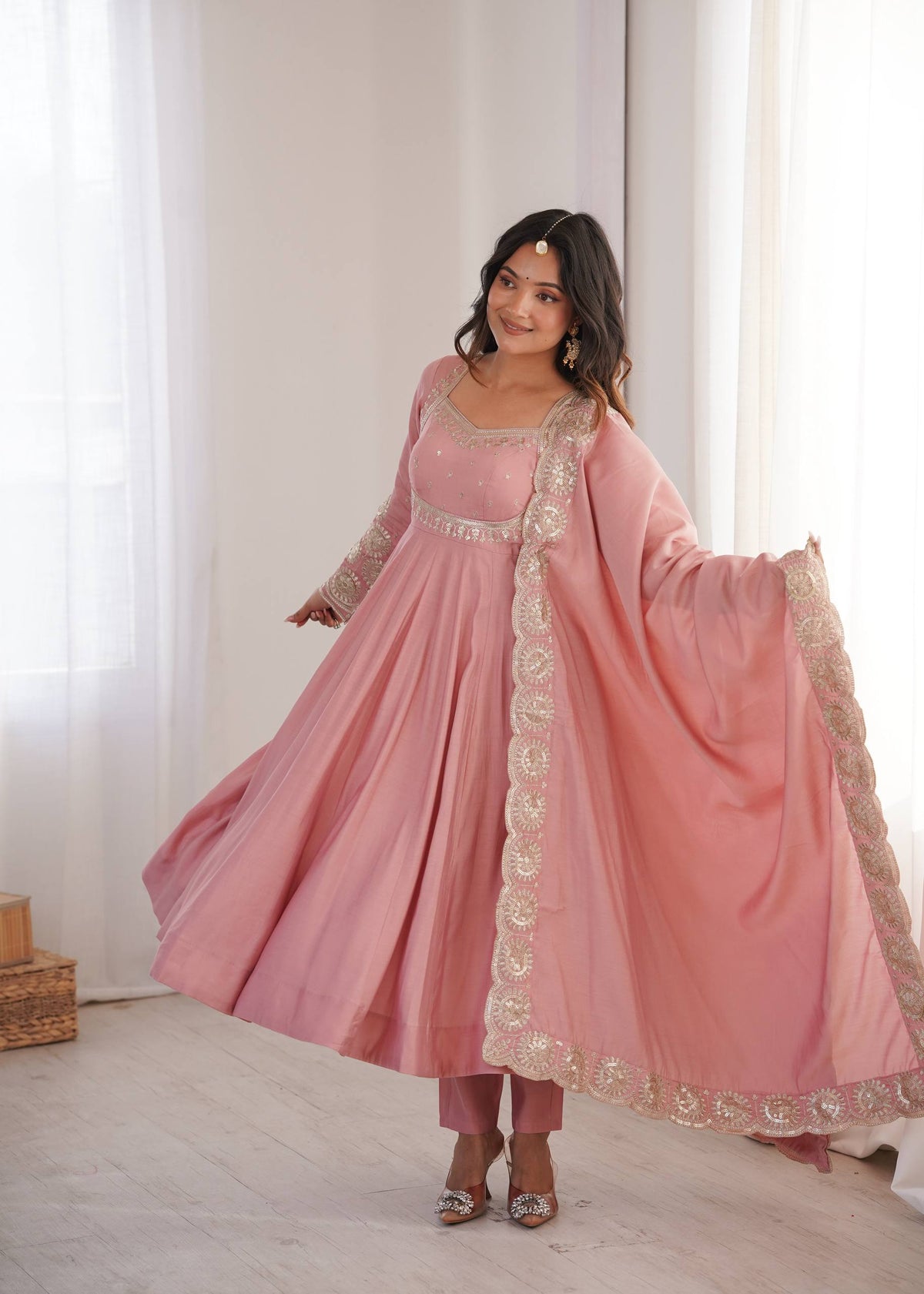 RangBhoomi Designer Anarkali Gown Set with Chanderi Dupatta - Roman Silk, Embroidered Sequins