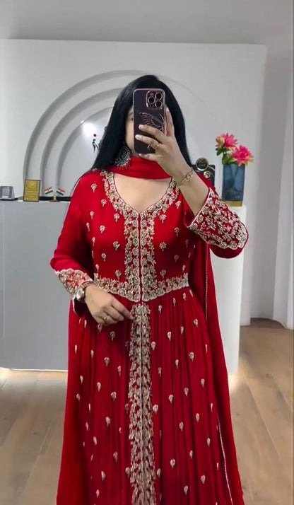 Exclusive Embroidered Fox Georgette Gown with Matching Dupatta