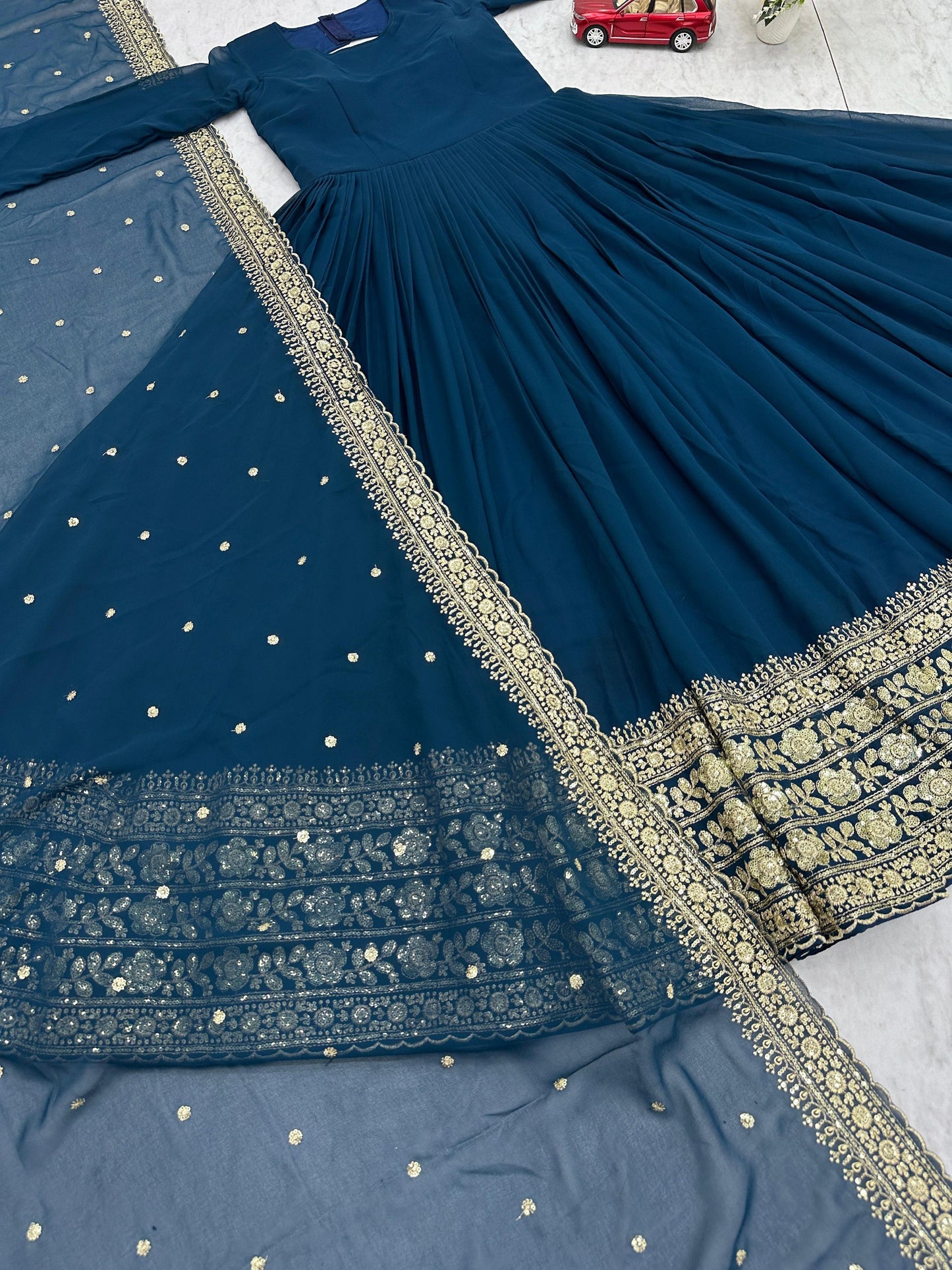 Elegant Embroidered Fox Georgette Gown with Matching Dupatta – Fully Stitched, Sophisticated Design