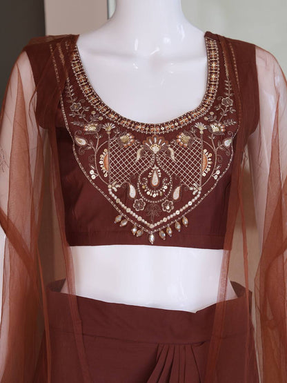 Designer Fusion Style Luxury Collection - Elegant Roman Silk Ensemble with Embroidery, Net Lace Dupatta, and Dripping Skirt