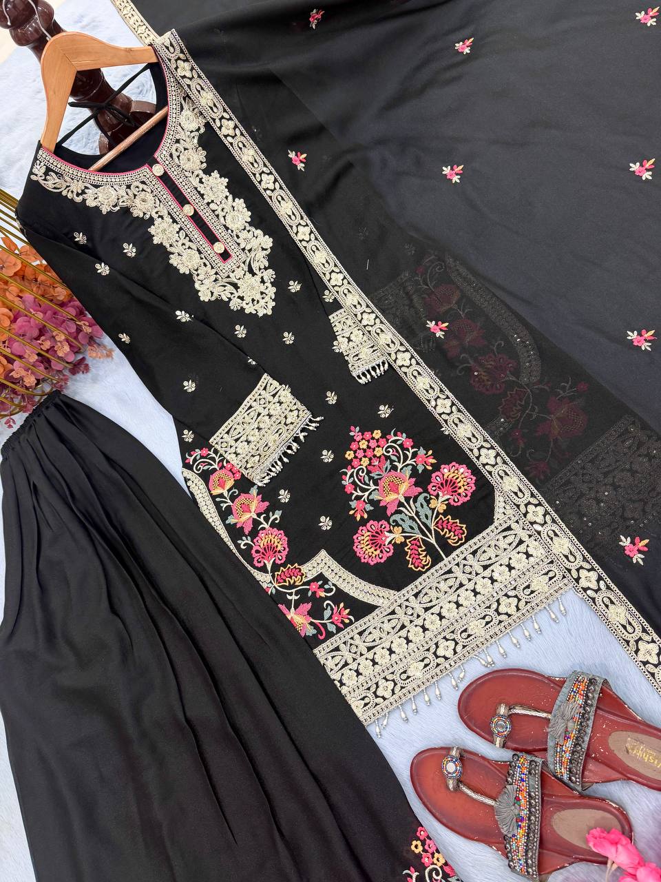 RangBhoomi Heavy Star Georgette Embroidered Party Top, Plazzo & Dupatta Set