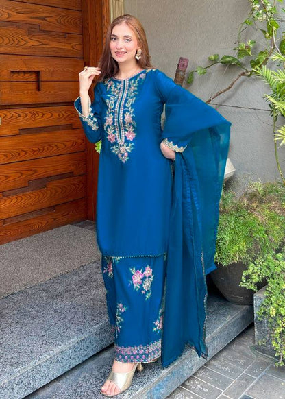 RangBhoomi Women's Premium Ethnic French Crepe Ensemble with Embroidered Thread Work, Full Sleeve Top, Farshi Pant, and GMY Silk Dupatta