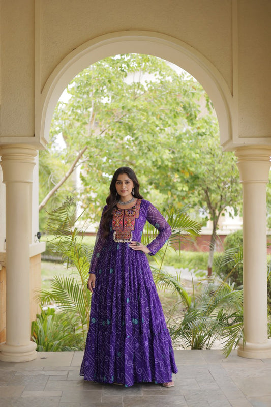 RangBhoomi Bandhani & Kutchi Patchwork Faux Georgette Gown — Festive Navratri Edition