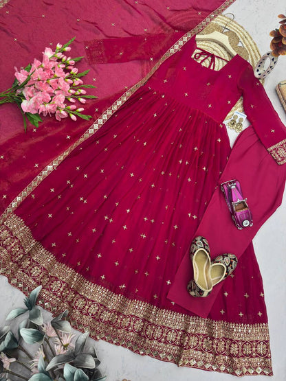 RangBhoomi Designer Party Wear Gown Set — Embroidered Heavy Fandy Silk with Dupatta & Pant