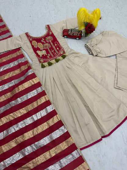 Festival Special Off-White Intricate A-Line Kurti with Flared Pants and Brick Red & Gold Striped Dupatta