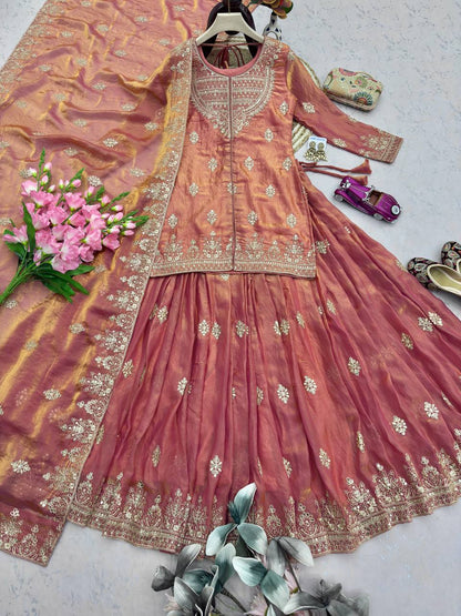 RangBhoomi Designer Party Wear Ensemble – Elegant Two Tone Fandy Silk Lehenga Set