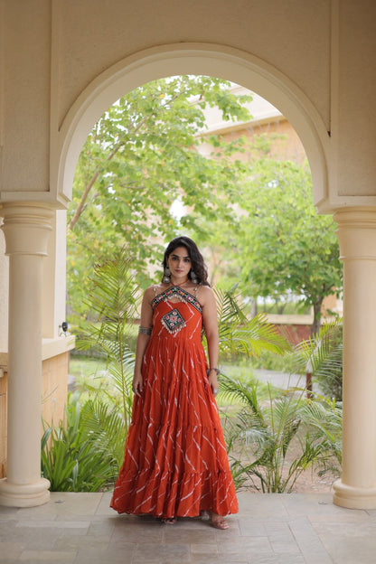 RangBhoomi Navratri Laheriya Patchwork Faux Georgette Gown - Sleeveless 56" Length, L (Adjustable 38-44)