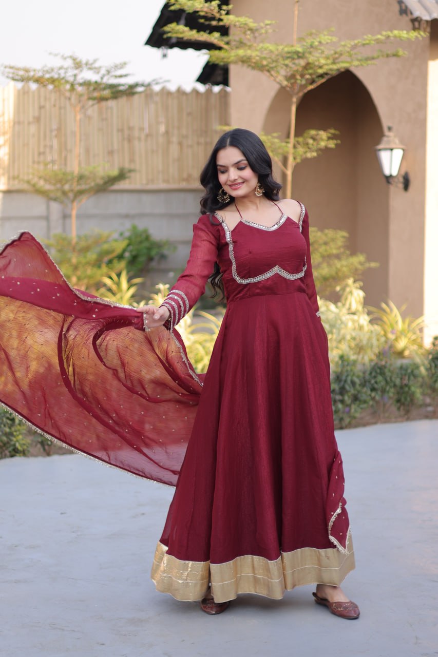 RangBhoomi Silver Mirror Lace Gown with Dupatta - Elegant Occasion Wear