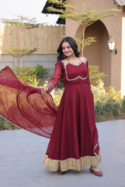 RangBhoomi Silver Mirror Lace Gown with Dupatta - Elegant Occasion Wear