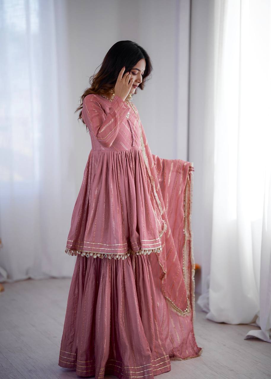 Elegant Women's Ethnic Ensemble with Real Mirror and Handwork – Ready-to-Wear Mal Chanderi Set with Sharara Palazzo and Mirror Lace Dupatta