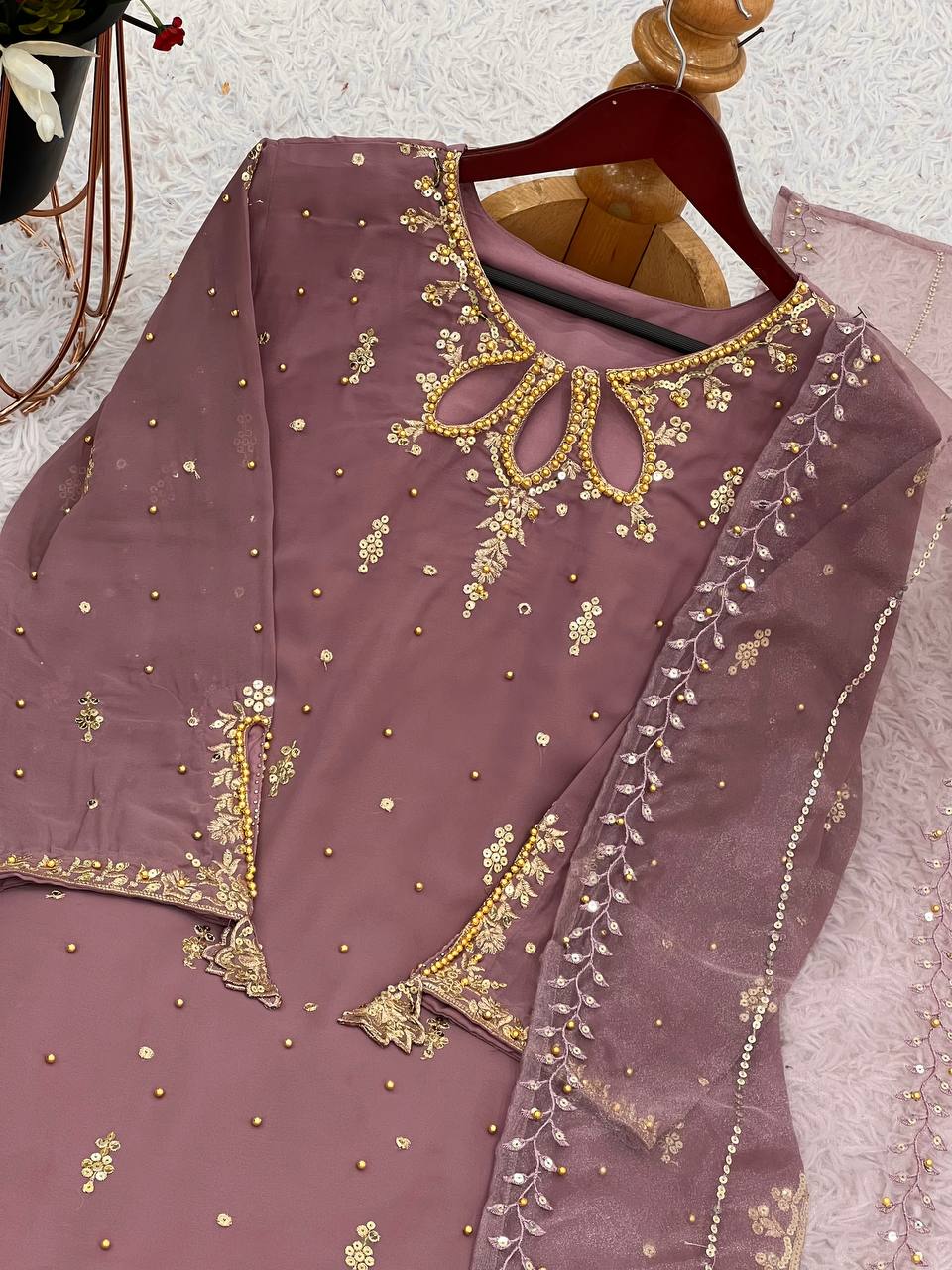Elegant Combo Outfit Set for Adults and Kids with Embroidered Faux Georgette and Tissue Net Dupatta