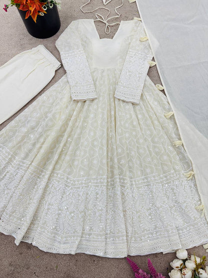 Elegant Anarkali Gown Set with Bottom and Dupatta – Pure Kora Cotton, Fully Stitched, Ready to Wear