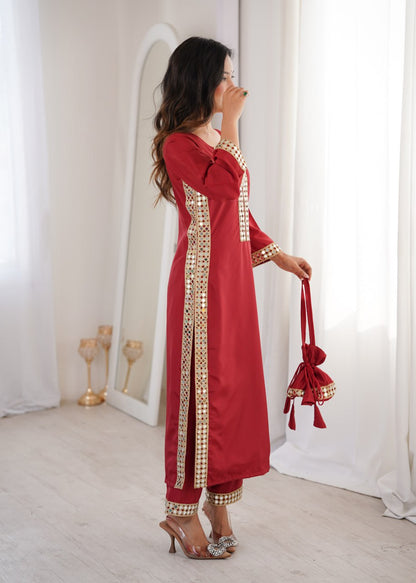 Ready-to-Wear Kurti and Pants Set with Decorative Mirror Work Purse