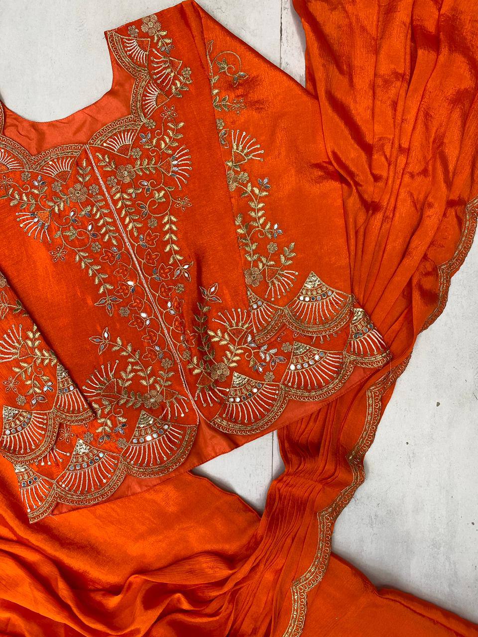 RangBhoomi Designer Lehenga Saree with Real Mirror & Embroidery Work - Long Blouse, Chinon Fabric