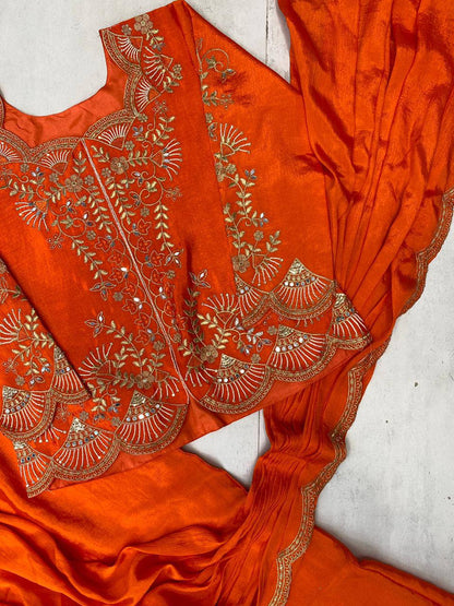 RangBhoomi Designer Lehenga Saree with Real Mirror & Embroidery Work - Long Blouse, Chinon Fabric