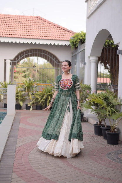 RangBhoomi Navratri 2026 Bandhani Lehenga Set — Full-Stitched Kora Cotton Lehenga with Faux Georgette Kurti