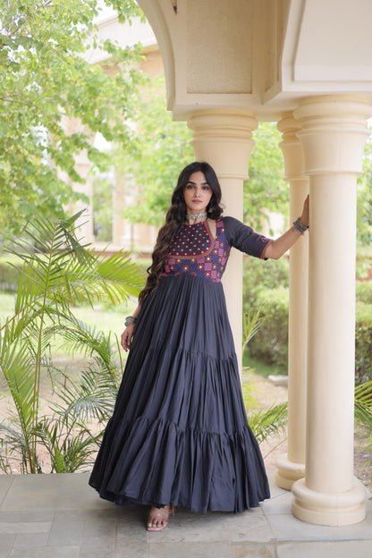 RangBhoomi Navratri Embroidered Kora Cotton Gown — 54" Festive Flair