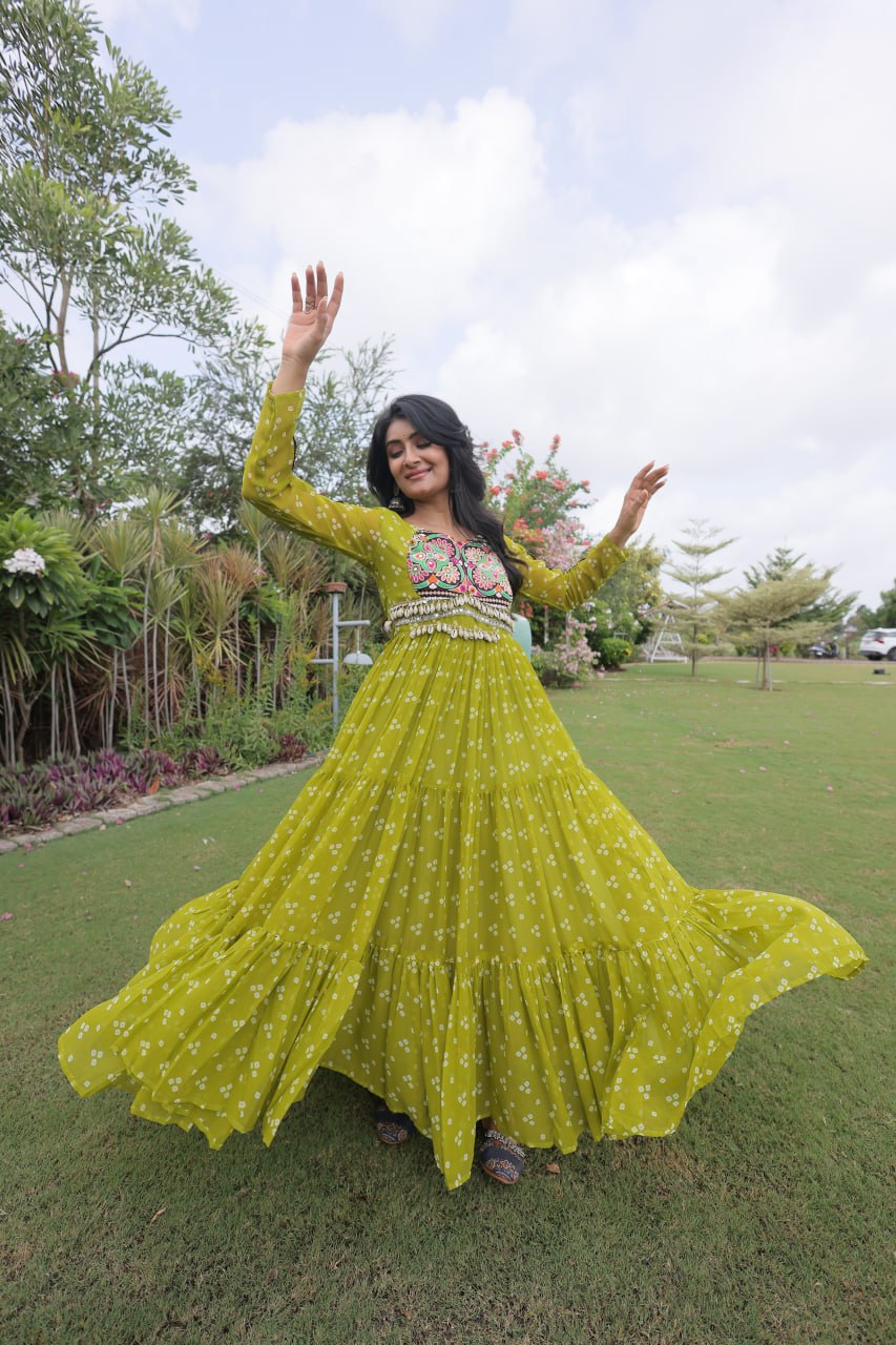 RangBhoomi Bandhani & Kutchi Patchwork Faux Georgette Gown — Full Sleeve, 12m Flair, Cotton Lining