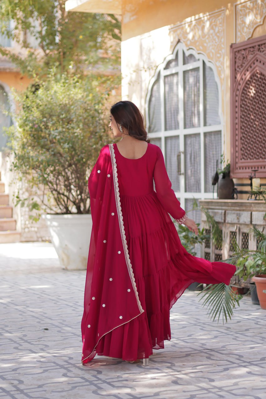 Back view of a red Georgette gown with dupatta.