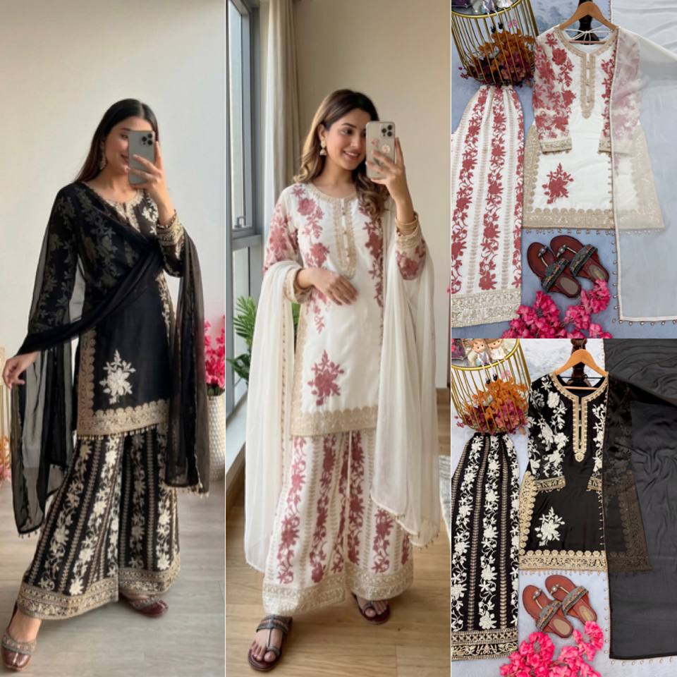 RangBhoomi Designer Party Wear Heavy Star Georgette Top, Plazzo & Dupatta Set