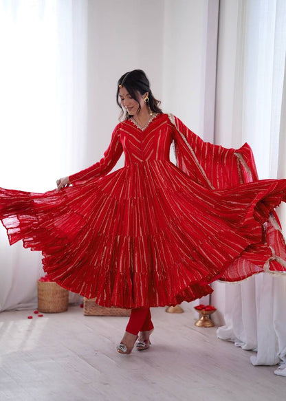RangBhoomi Women’s Ethnic Ruffle Gown with Mirror Work and Matching Dupatta