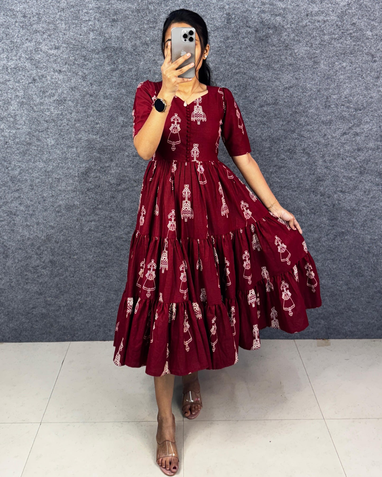 RangBhoomi Exclusive Hand-Block Printed Pure Cotton Warli Art Maxi Gown with Side Pocket
