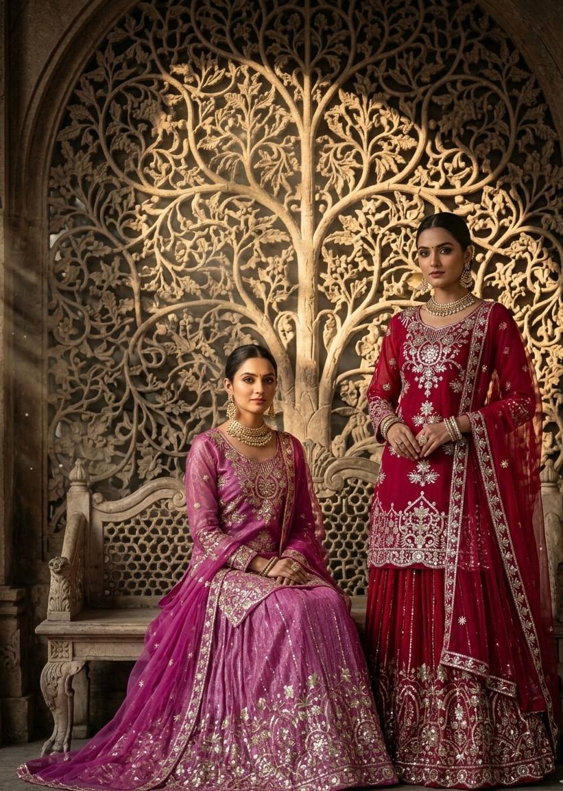 RangBhoomi Orgenza Twine Net Top, Sharara & Dupatta Set — Embroidered Ready-to-Wear