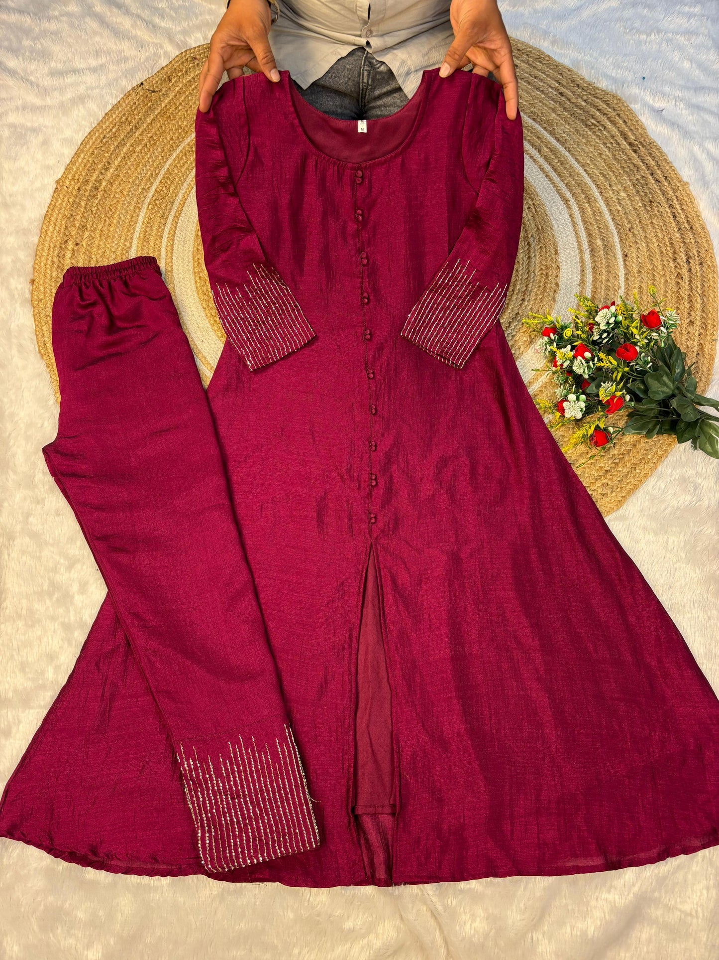 Elegant A-line Kurta Set in Luxurious Blooming Vichitra Silk