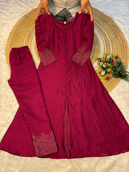 Elegant A-line Kurta Set in Luxurious Blooming Vichitra Silk
