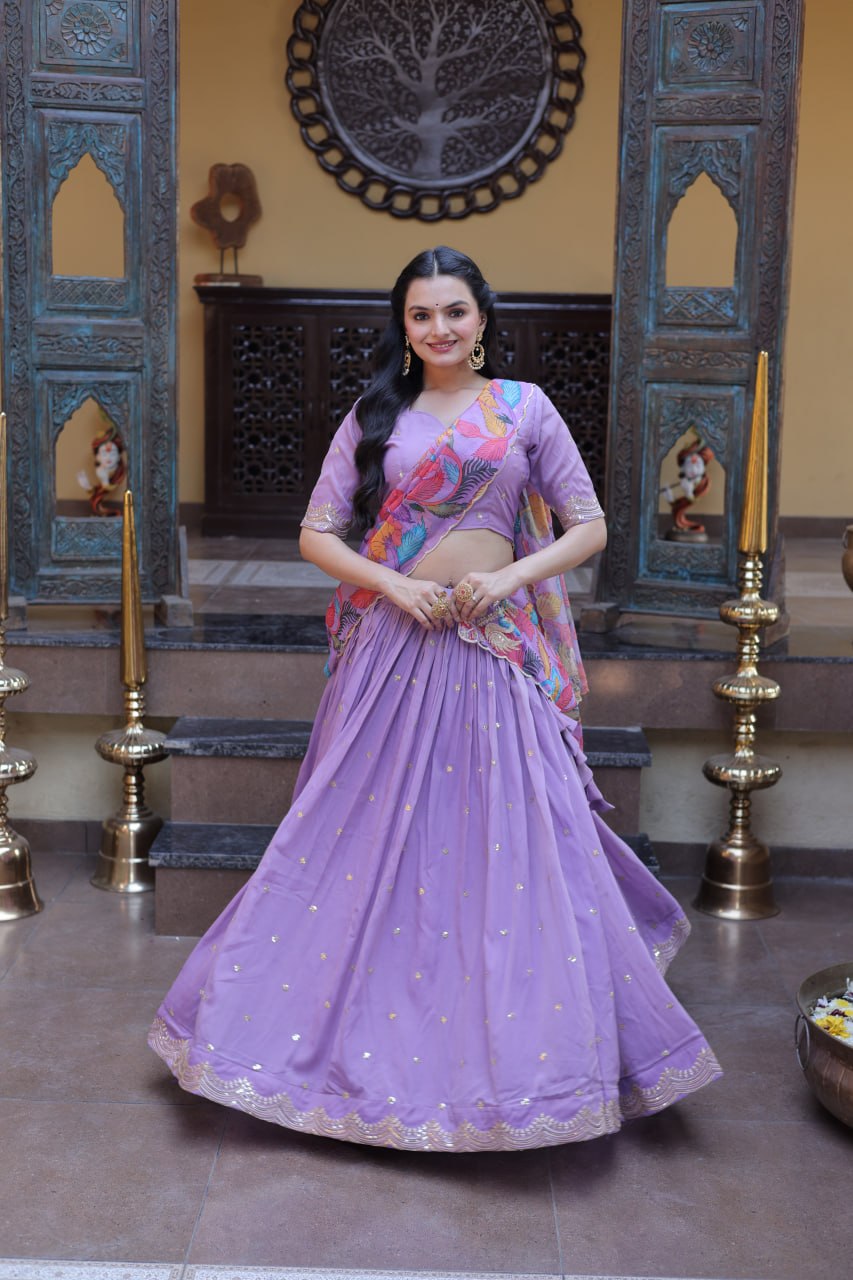 Elegant Lehengha Choli Set with Embroidered Cosmos Silk and Printed Tabby Silk Dupatta