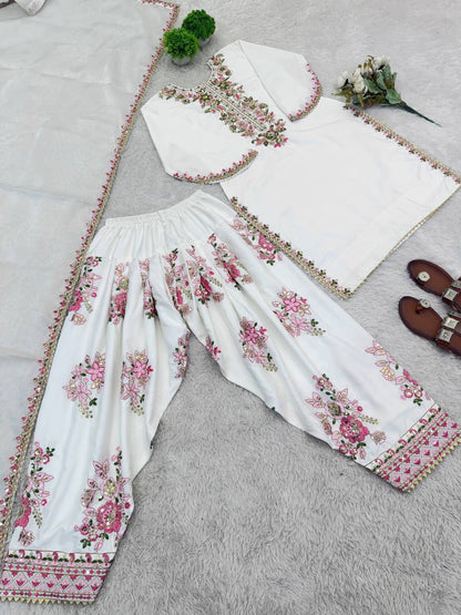 RangBhoomi Women's Premium Ethnic French Crepe Ensemble with Embroidered Thread Work, Full Sleeve Top, Farshi Pant, and GMY Silk Dupatta